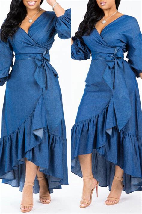 Lovely Trendy Asymmetrical Dark Blue Denim Mid Calf Dress Dresses