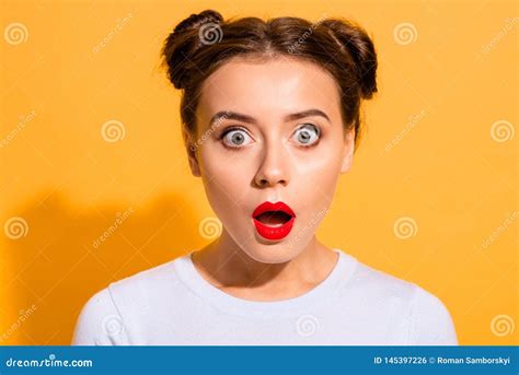 Close Up Portrait Of Her She Nice Attractive Lovely Puzzled Girl Opened Mouth Stunning News