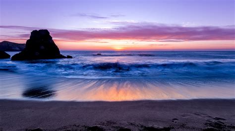 Hd Wallpaper Sea Ocean Waves Sand Beach Rock Horizon Night Sunset Lilac