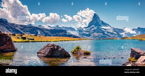 Colorful Summer Panorama Of The Stellisee Lake Great Outdoor Scene