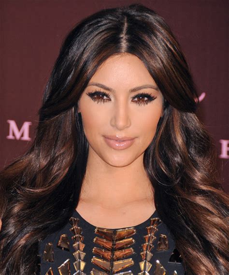 Kim Kardashian Long Wavy Formal Hairstyle Dark Auburn Brunette Hair Color