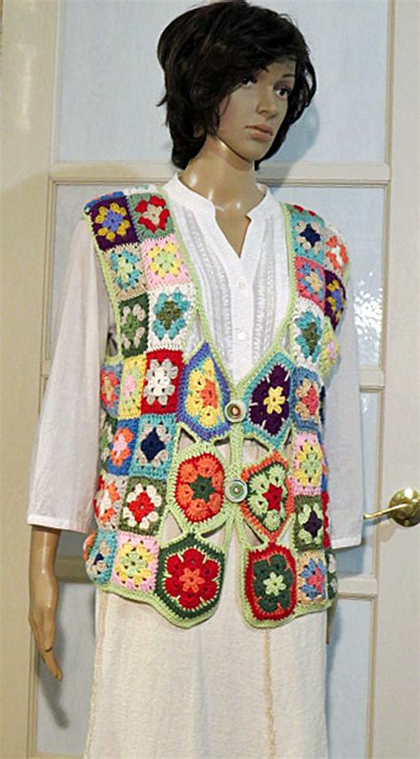 Vest Womens Hand Crochet Granny Square Vest One Of A Etsy Australia