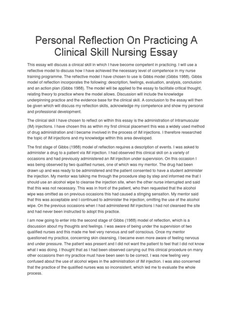 Personal Reflection On Practicing A Clinical Skill Nursing Essay