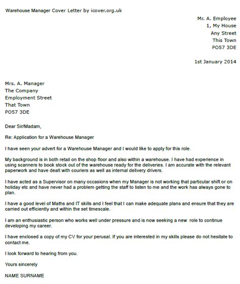 Howtowritealetter.net copyright 2021 all rights reserved. Warehouse Manager Cover Letter Example - icover.org.uk