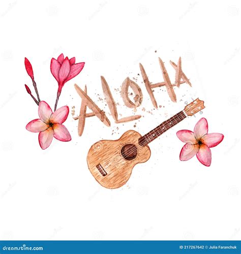 Hawaiian Simbols Luau Aloha Ukulele Plumeria Watercolor Illustration Isolated On White