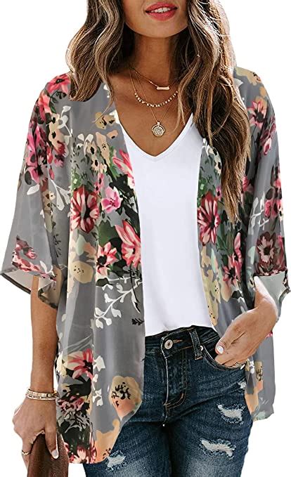 women s floral print puff sleeve kimono cardigan loose cover up casual blouse tops