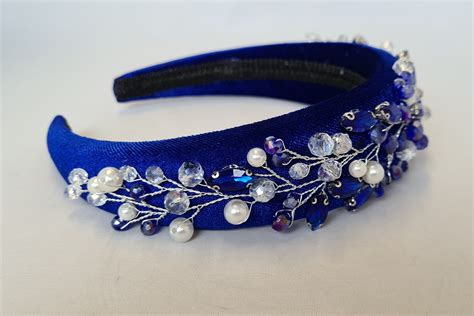 Royal Blue Padded Velvet Headband Crystal Pearl Beaded Flower Etsy
