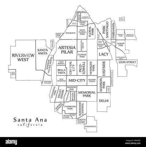modern city map santa ana california city of the usa with neighborhoods and titles outline map