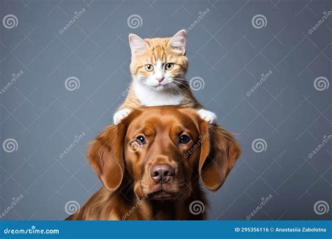 Redhaired Puppies Pose With Cat On Dogs Head Stock Illustration