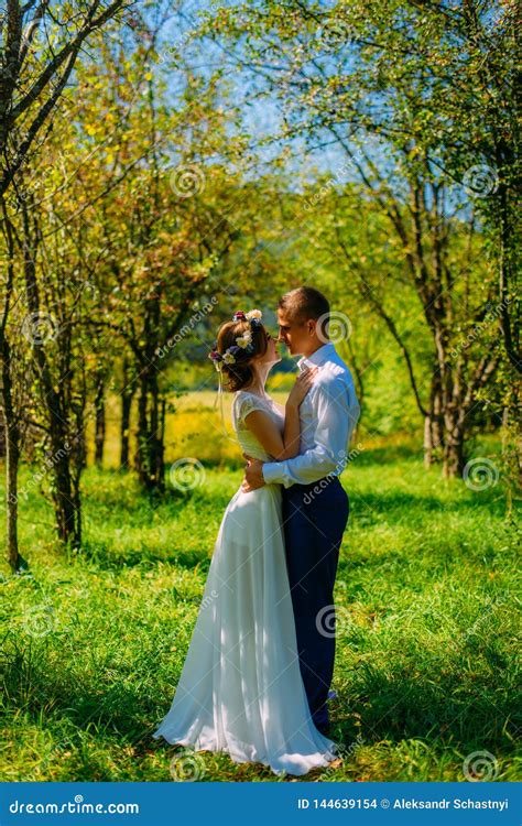 Stylish Couple In Love Portrait Newlywed Husband And Wife In Circlet