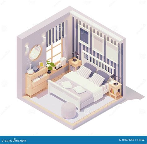 Isometric Bedroom Interior View In Light Blue White And Golden Colors