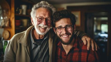 Premium Photo Happy Father And Son Hipster Son Hugging Old Senior