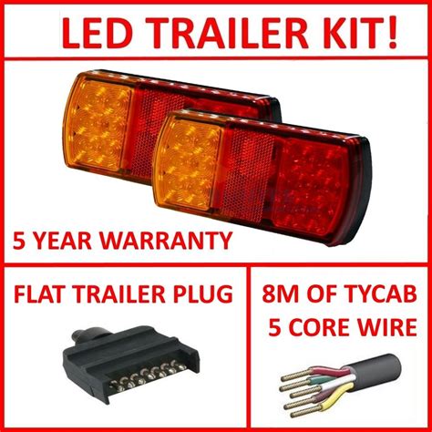 Towing wiring harnesses and kits. PAIR OF LED TRAILER LIGHTS, 1 X FLAT PLUG, 8M X 5 CORE WIRE KIT COMPLETE LIGHT - Roadvision