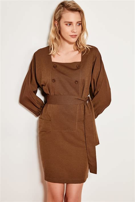 Trendyol Brown Belted Button Detail Dress Tofss19oc0012 In Dresses From