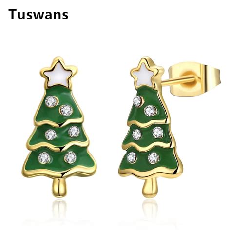 2018 New Lovely Christmas Trees Stud Earrings Green Enamel With Clear