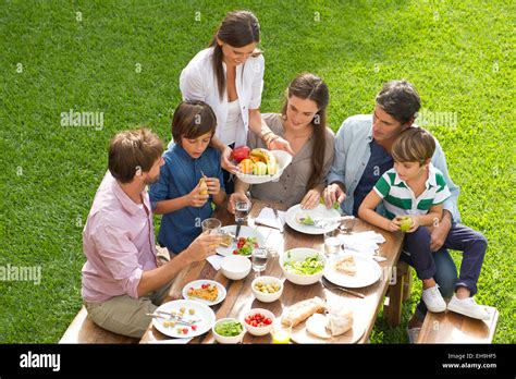 Family and friends gather for picnic Stock Photo, Royalty Free Image