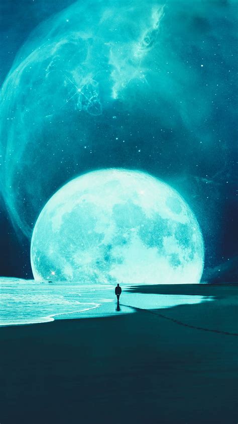 Silhouette Alone Beach Moon Dark Turquoise Galaxy Hd Phone
