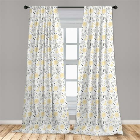 Grey And Yellow Curtains 2 Panels Set Grunge Sketchy Romantic Roses Leaves Cotton Flowers With