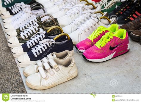 A Row Of Sneakers At The Flea Market In The Alun Alun Area Bandung