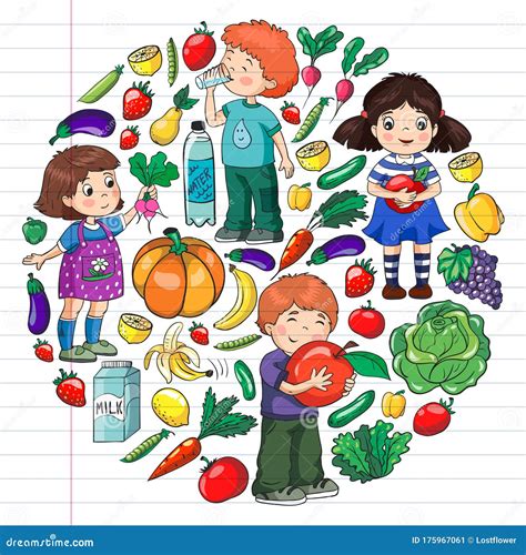 Vector Pattern With Children Eating Healthy Food Fruits And Vegetables