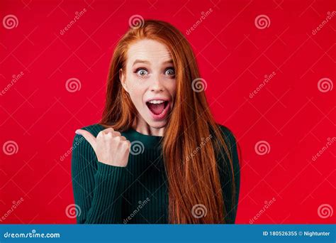 Redhair Ginger Woman Finger Pointing Copy Space New Year Sale Stock Image Image Of Happiness