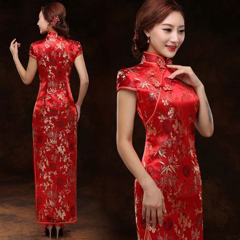 Gold Bamboo Red Brocade Qipao Traditional Chinese Wedding Dress