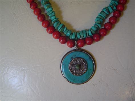Turquoise Coral Pendant Necklace Two Strands Vintage Necklaces