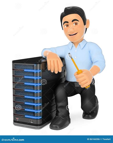 3d Information Technology Technician With A Server Stock Illustration