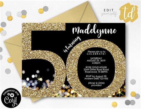 50th Birthday Invitation Instant Download Invitations Gold Etsy