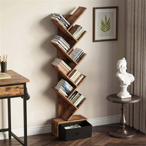 Rolanstar Tree Bookshelf With Drawer 8 Shelf Rustic Brown Bookcase