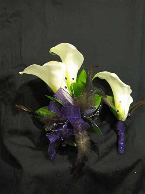 Feathers And Calla Lilies Wrist Corsage And Boutoniere