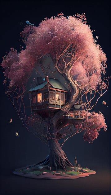 Premium Ai Image Tree House Sitting On Top Of A Lush Green Field