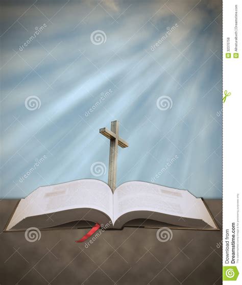 Sun Rays Shining Down On Cross With Bible Stock Photo Image Of
