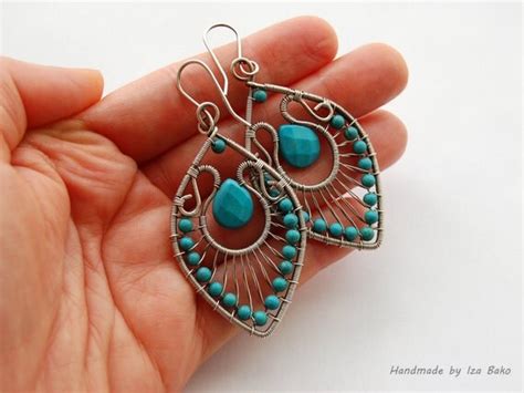 Handmade Wire Wrapped Statement Earrings With Turquoise