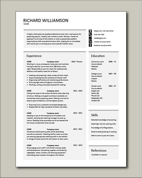 Increase your chances of finding a job and create your cv with one of our professionally designed cv templates. Free Cook CV template 1