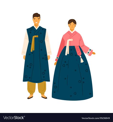 Korean Couple Wearing Traditional Costumes Female Vector Image