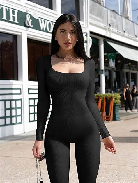 Oqq Women Yoga Jumpsuits Workout Ribbed Long Sleeve Sport Jumpsuits Womens Summer Fashion
