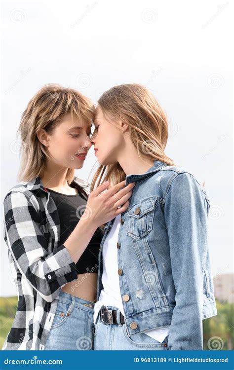 Lesbian Couple Kissing With Eyes Closed Outdoors Stock Image Image Of Attractive Lgbt