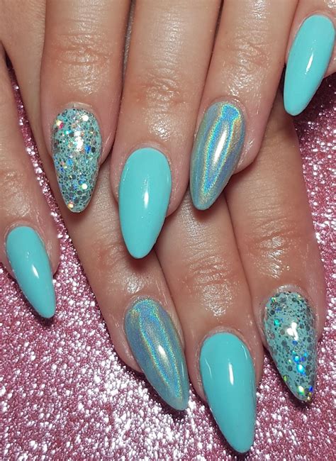 Aqua Blue Sculpted Nails With Holographic Powder And Glitter Aqua Nails Turquoise Nails Teal