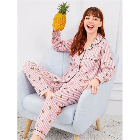 Fruit Print Striped Pajama Set In 2019 Striped Pyjamas Pajamas