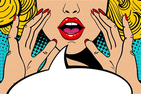 sexy surprised blonde pop art woman with open mouth and rising hands screaming announcement