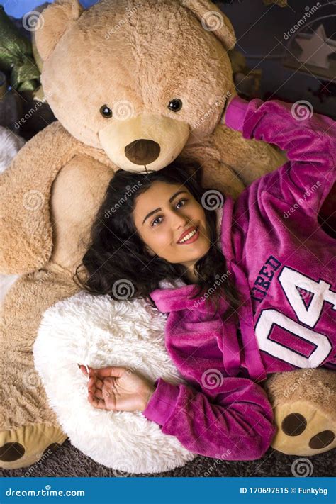 Cute Girl Posing With Teddy Bear Stock Image Image Of Fashion