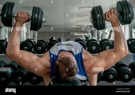 Athlete Bodybuilder Pumping Muscles In The Gym Performs A Bench Press