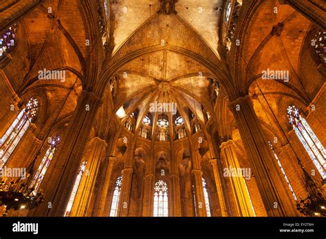 The Ornate Gothic Stone Ceiling The Interior Barcelona Cathedral