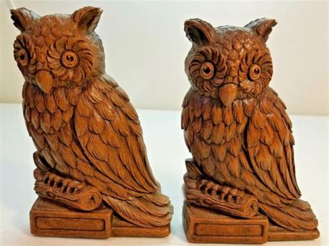 Syroco Owl Figure Bookends Set Of 2 Carved Wood Mid Century 675 Tall
