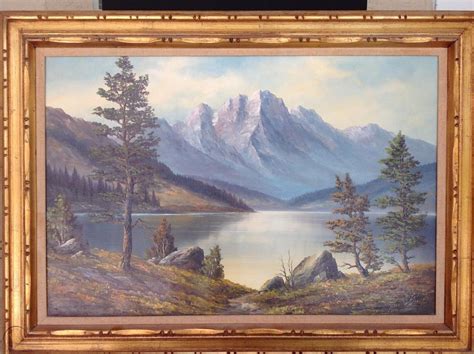 Olshof Mountain Lake Landscape Vintage Oil Painting 24 X 36 In Gilt