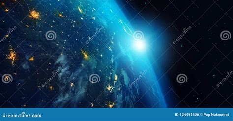 Earth From Space At Night With City Lights And Blue Sunrise On Stars