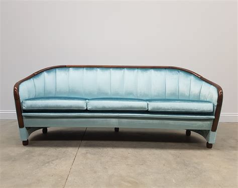 Blue Velvet Art Deco 3 Seat Sofa 1960s 118590