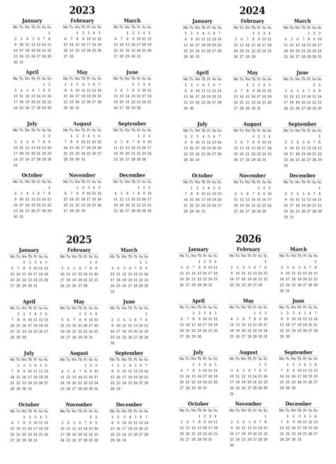 2023 2026 Yearly Calendars Sunmon Start Etsy