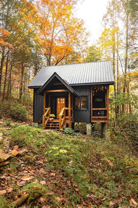 A Small Cabin Sits In The Woods Surrounded By Trees And Leaves With